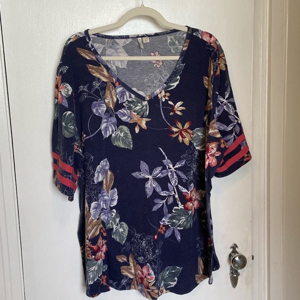 Blue Floral Jersey Like Tee with red sport stripes